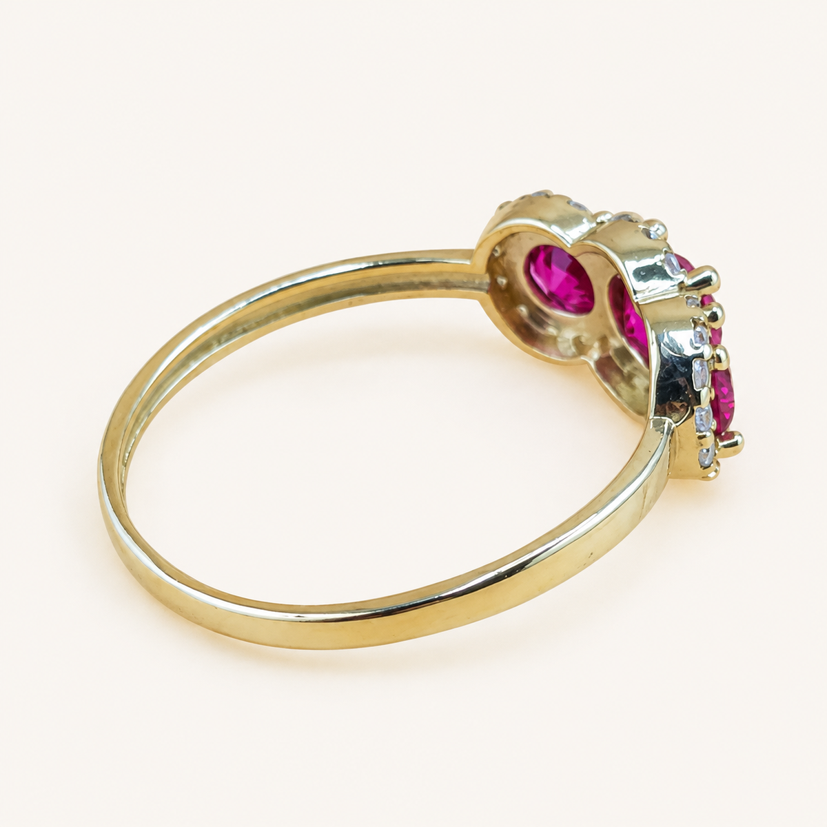 10K Gold Pink & Clear CZ Three-Stone Halo Ring – Size 8.5