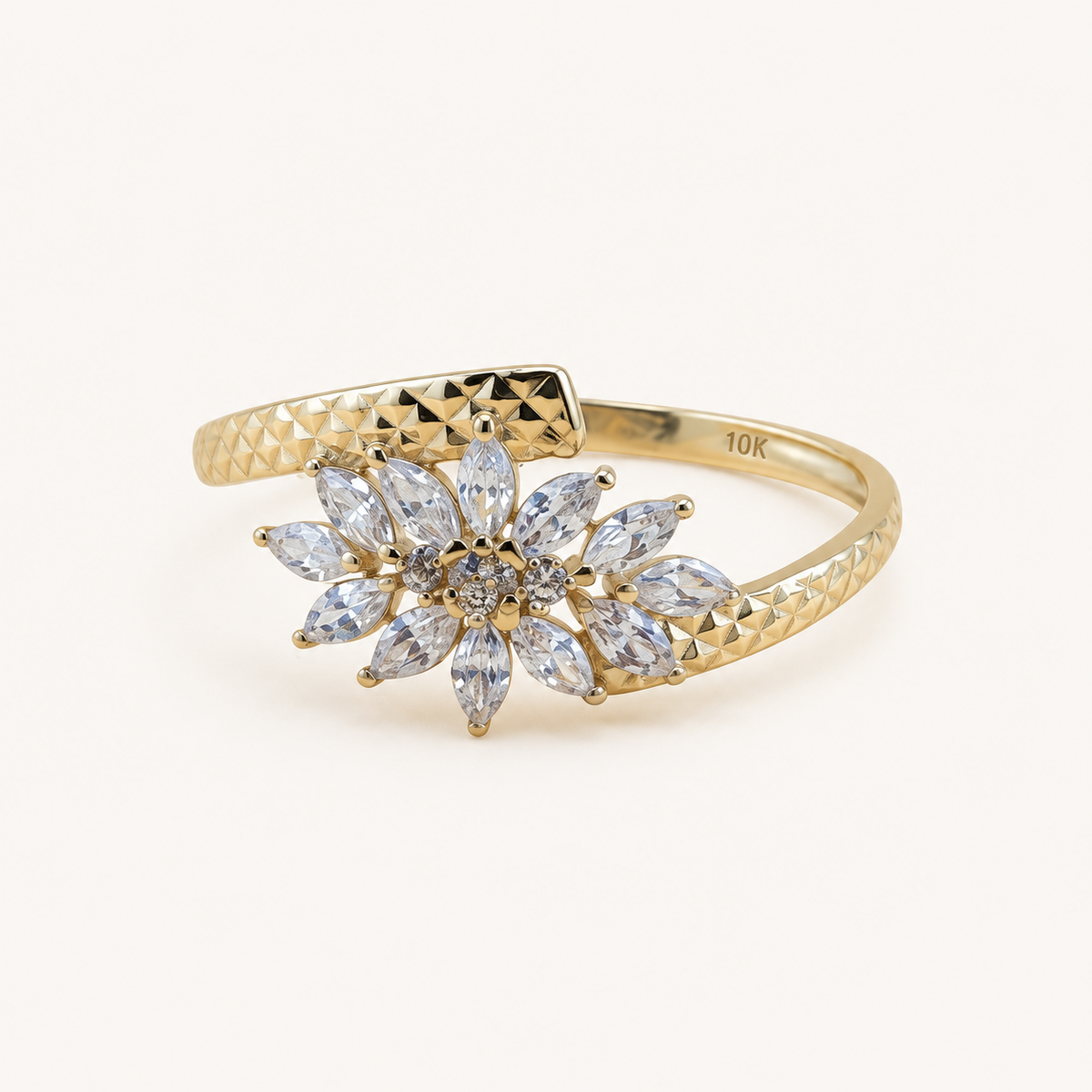 10K Gold Marquise CZ Floral Ring with Diamond-Cut Band – Size 7
