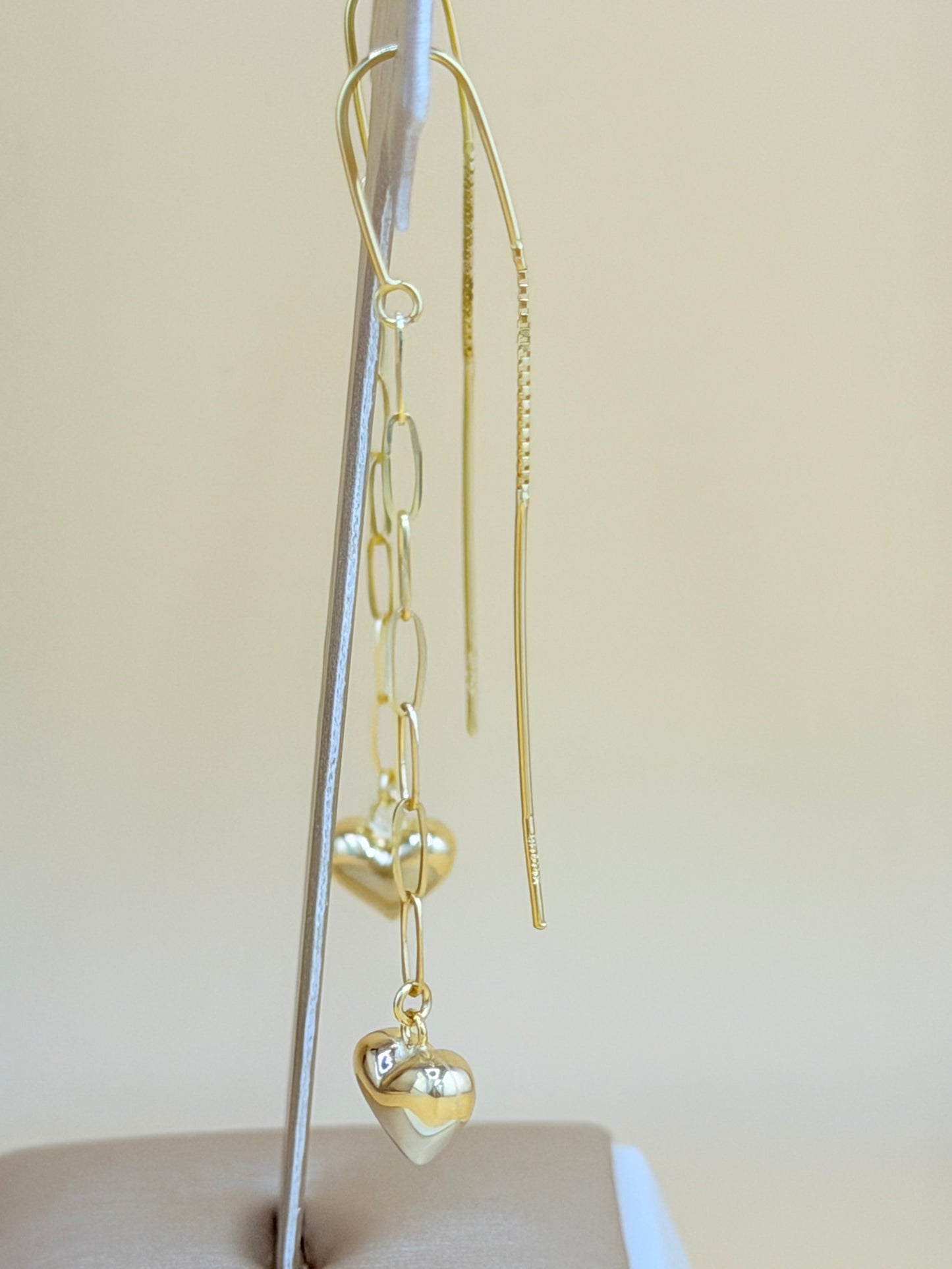 14kt Gold Long Puffed Heart Earrings.