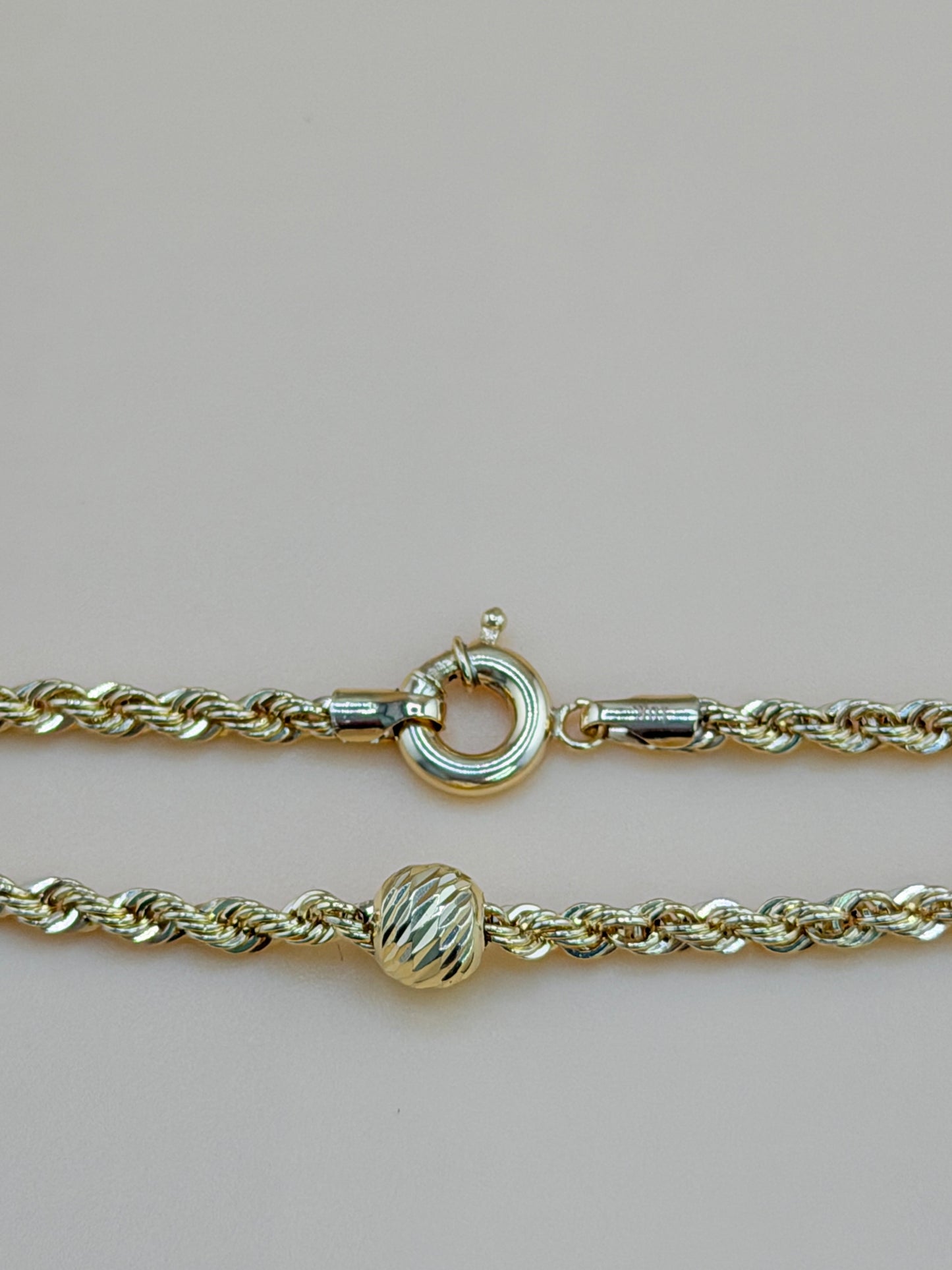 10K Solid Gold Semi-Solid Bracelet, 7”– 2.6mm Links, 5.7mm Beads