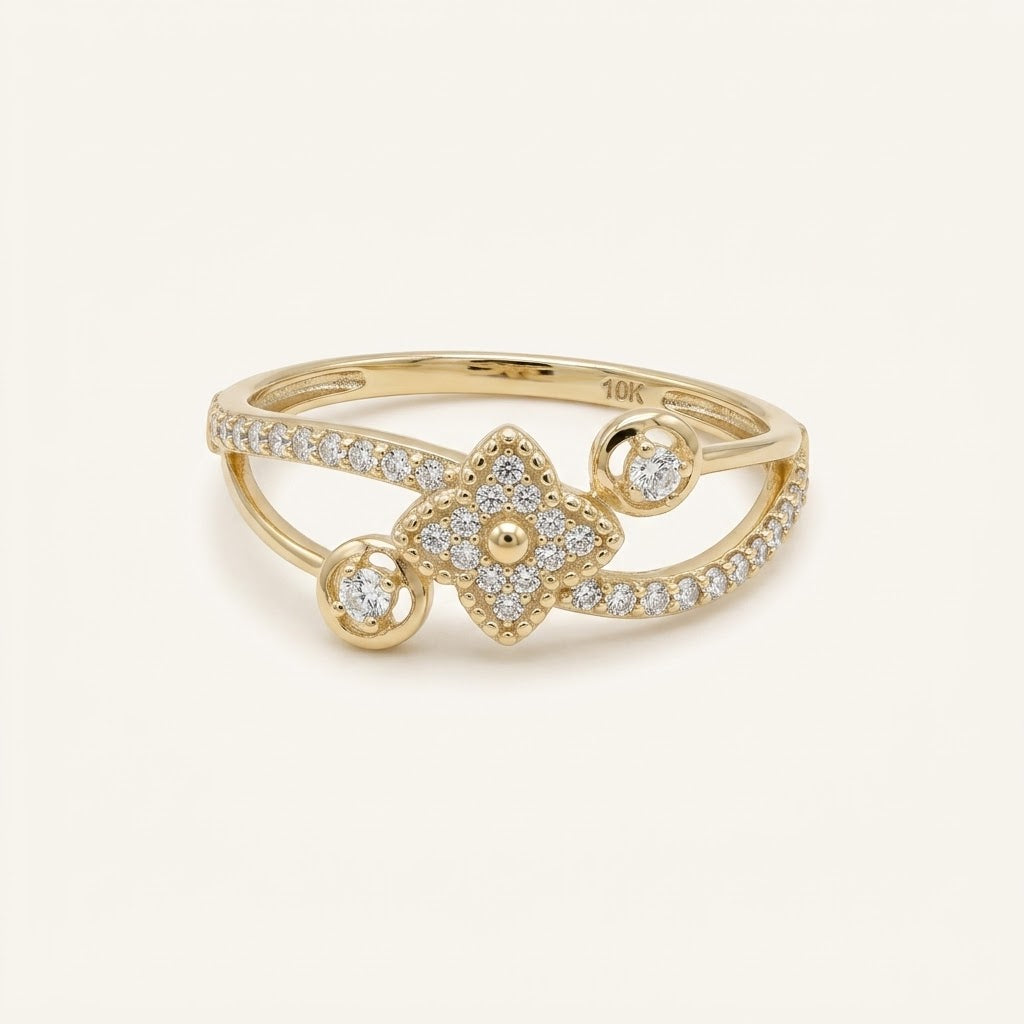 10K Gold Delicate Floral CZ Ring – Size 7