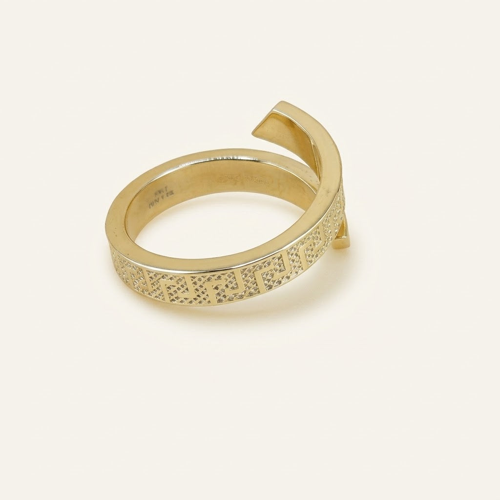 10K Gold Semi-Solid Adjustable Greek Key CZ Ring – Size 7–7.5