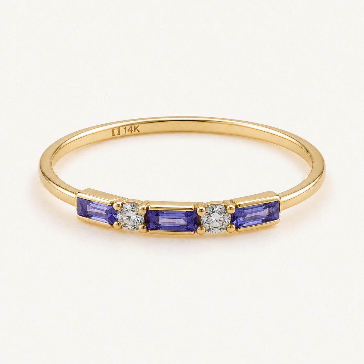 14K Solid Gold Purple & Clear CZ Five-Stone Ring – Size 8