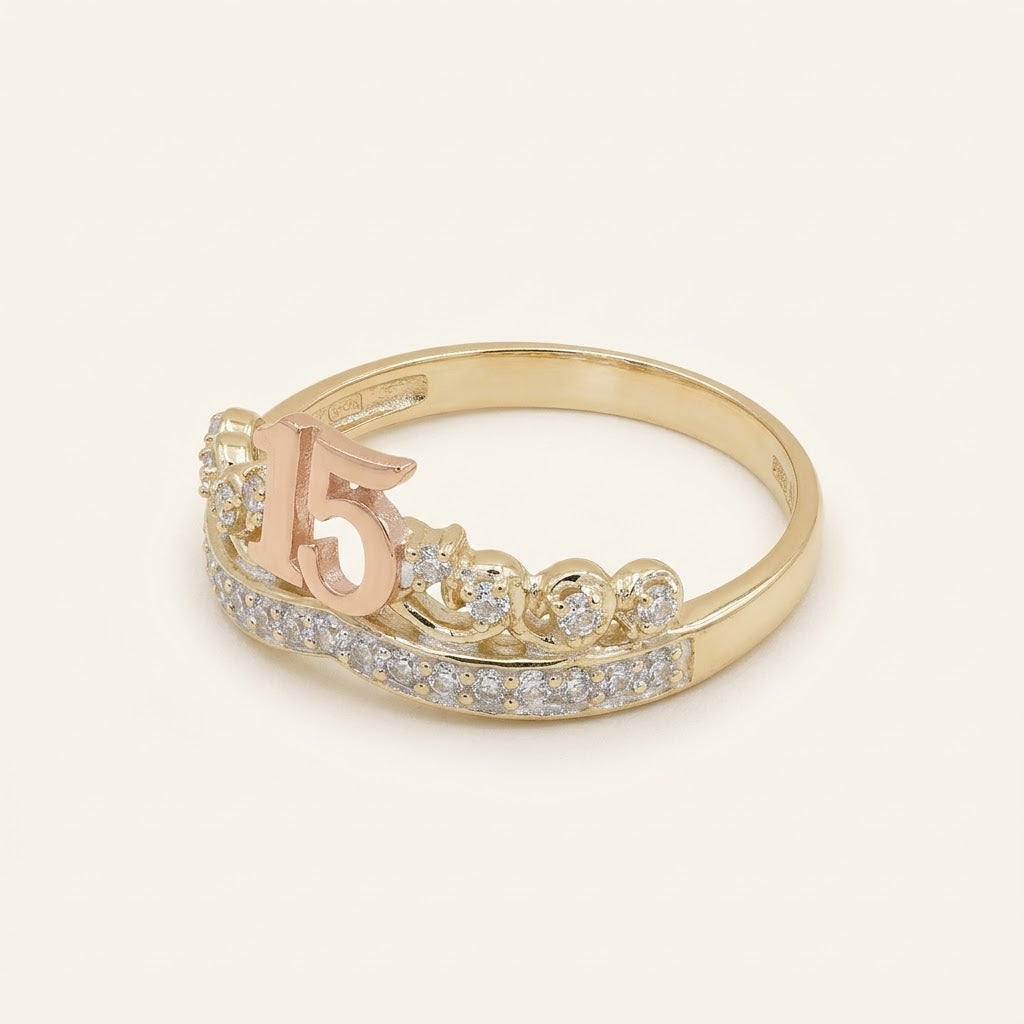 10K Solid Gold Quinceañera Crown Ring with Rose Gold “15” & CZ – Size 8