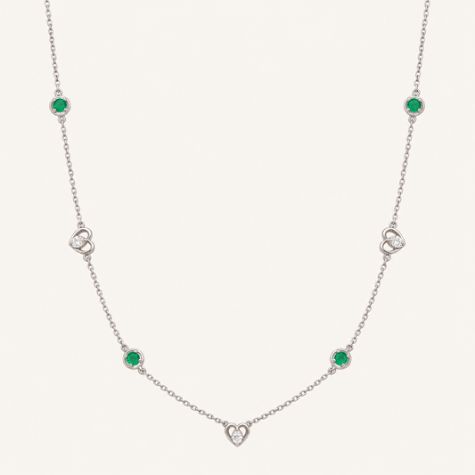 14K White Gold Chain with Natural Emeralds and Diamonds, Adjustable 16”–18” Length, 0.24ct Total Natural Diamond Weight. n
