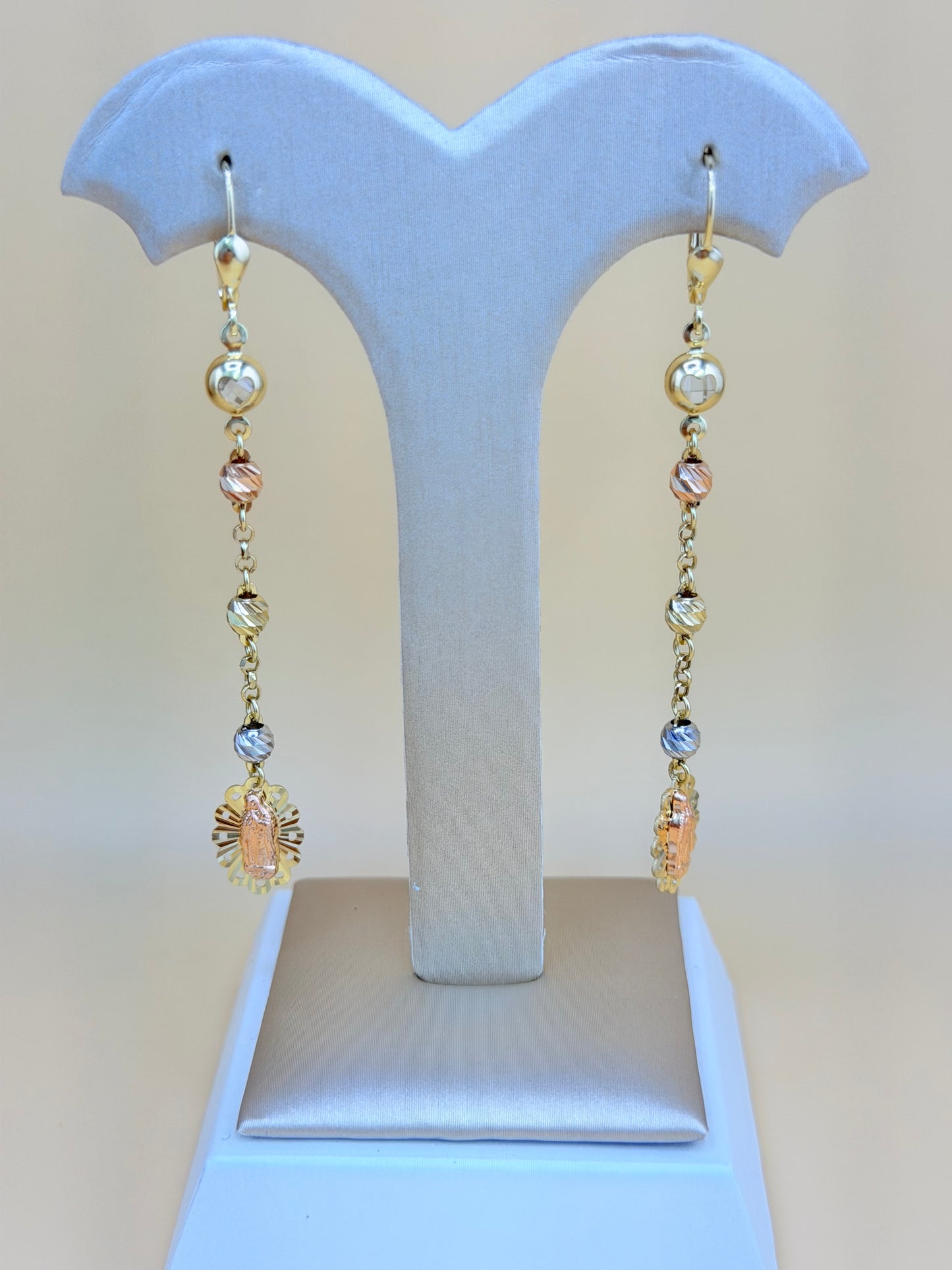 14kt Gold Long Our Lady of Guadalupe Earrings.