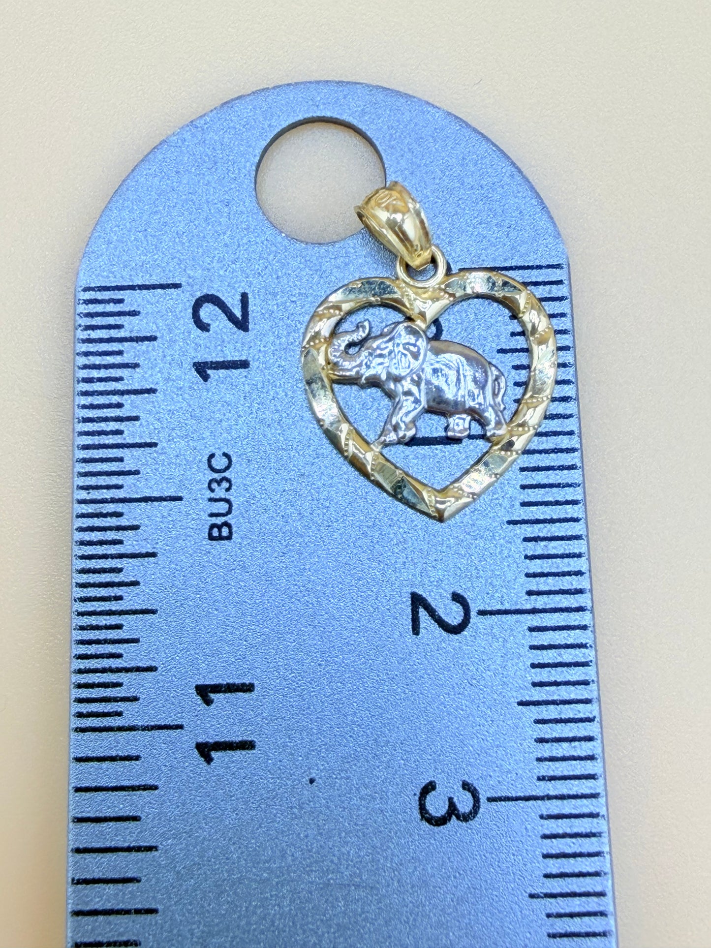 10K Gold Heart Pendant with Small Elephant, Fits Chains Up to 3mm Thick. ch