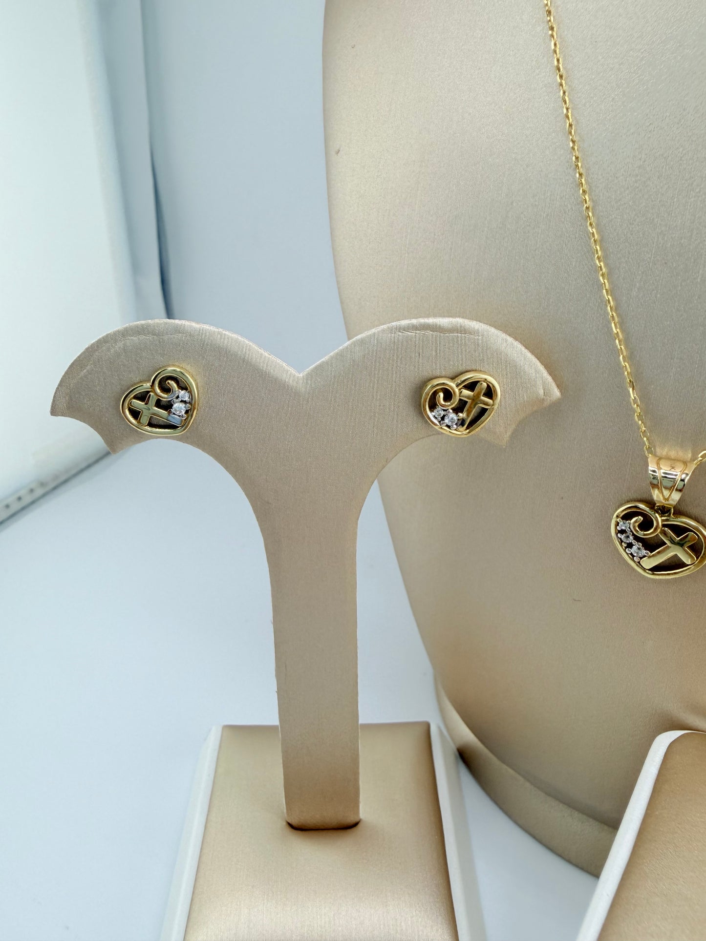 10K Solid Gold Heart and Cross Set, Includes Earrings and Pendant. Chain and Ring Not Included. Pendant Fits Chains Up to 3mm Thick. s