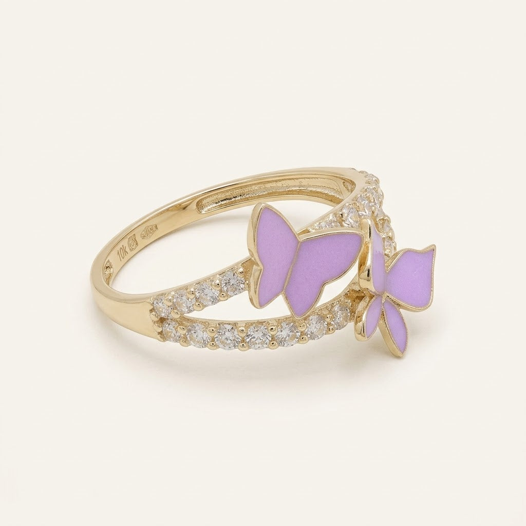 10K Gold Pink Butterfly Epoxy Resin & CZ Ring – Size 7