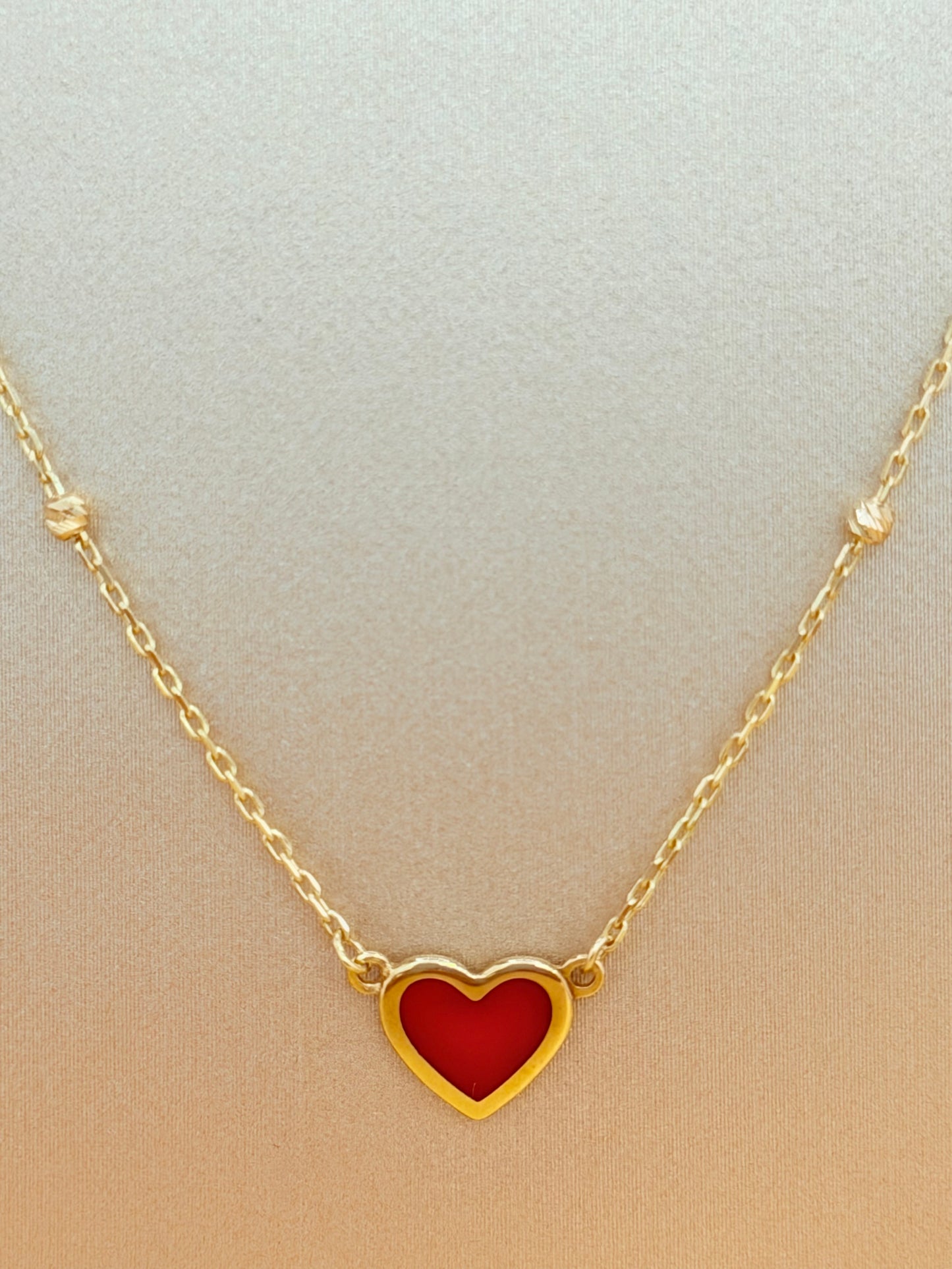 14K Gold Chain with Red Heart Pendant, Adjustable 16”–18” Length. n