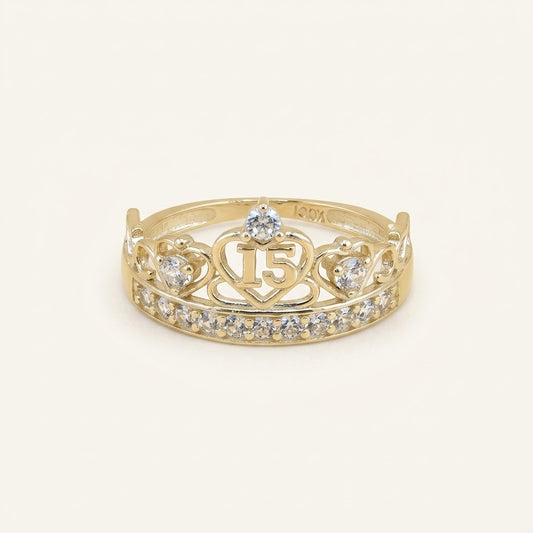 10K Gold Quinceañera Crown Ring with “15” & CZ – Size 8