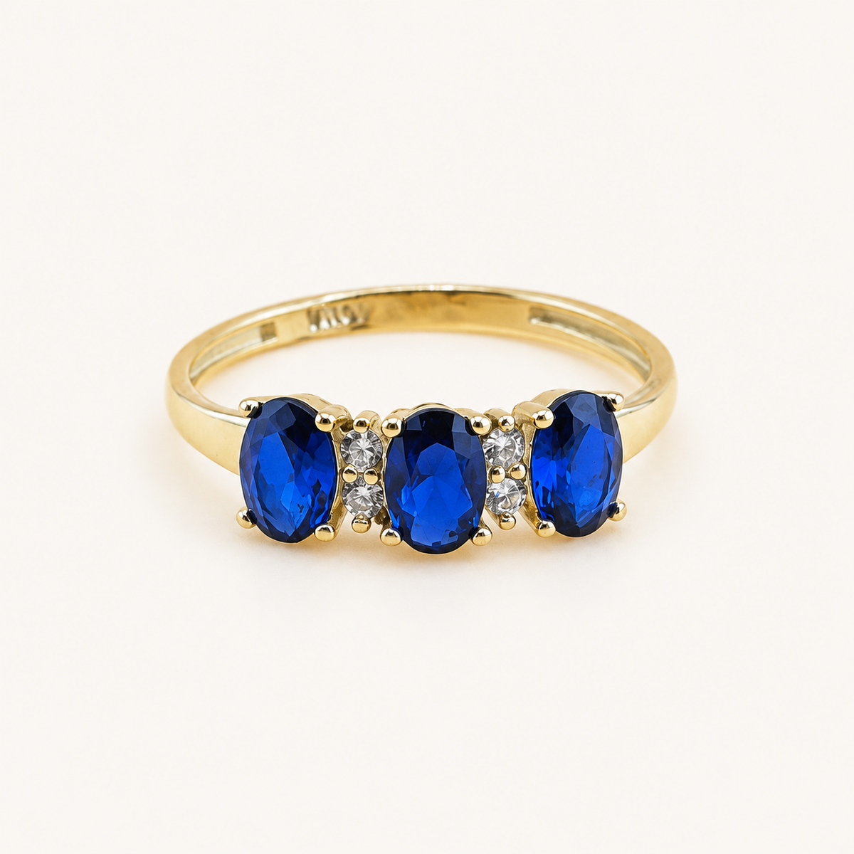 10K Gold Royal Blue & Clear CZ Three-Stone Ring – Size 8.5