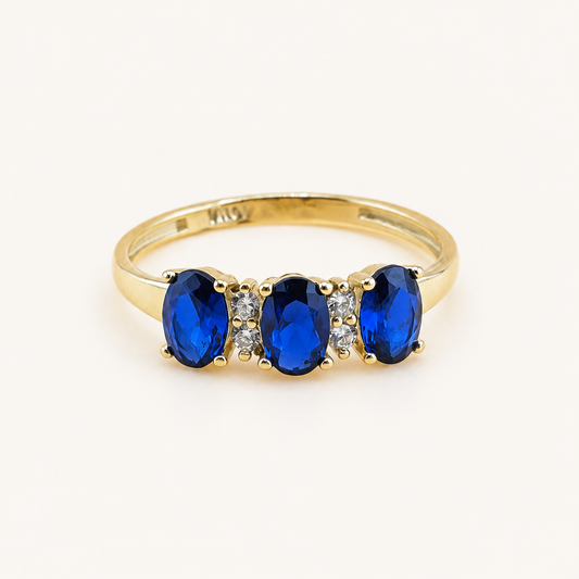 10K Gold Royal Blue & Clear CZ Three-Stone Ring – Size 8.5