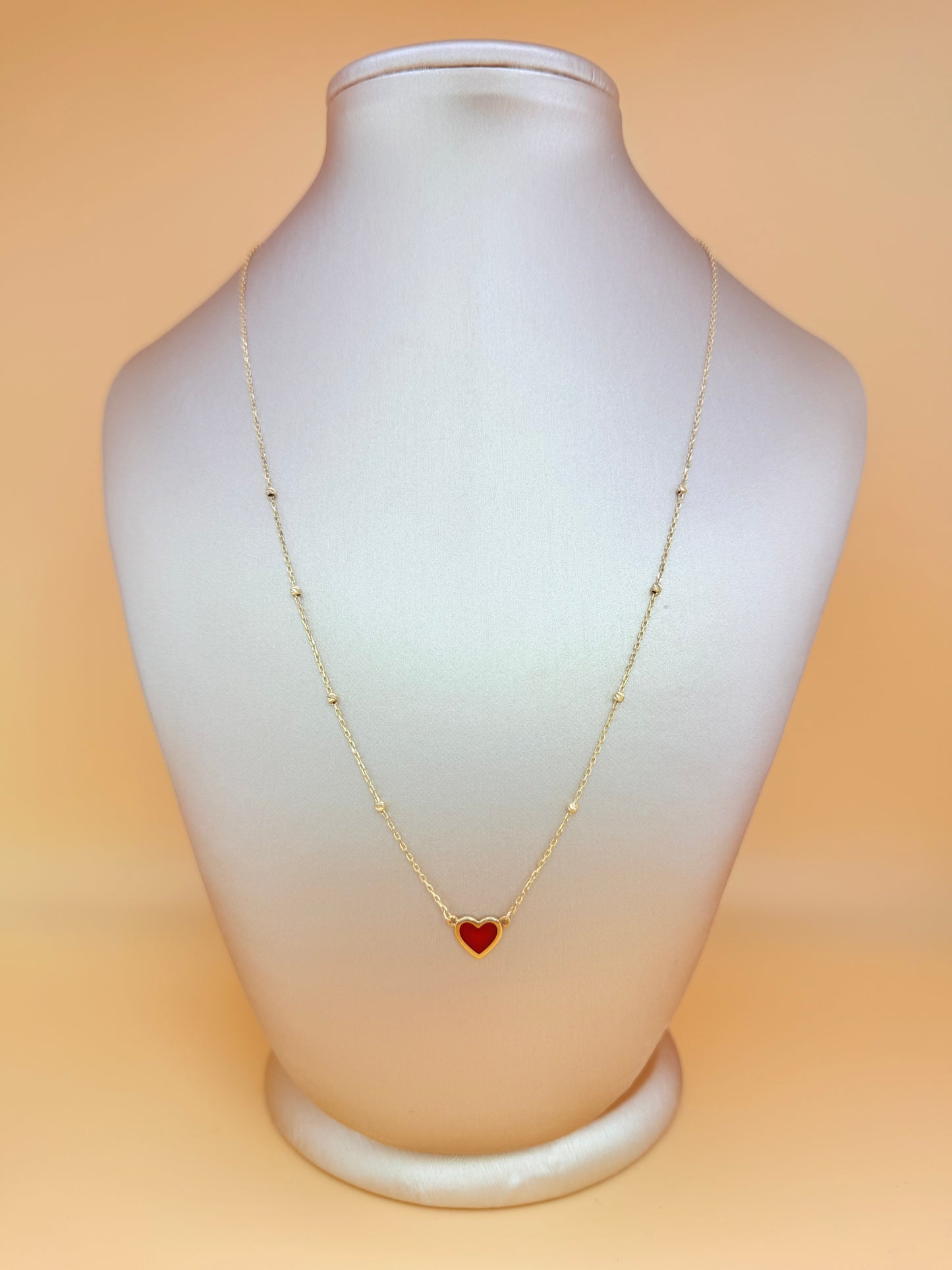 14K Gold Chain with Red Heart Pendant, Adjustable 16”–18” Length. n