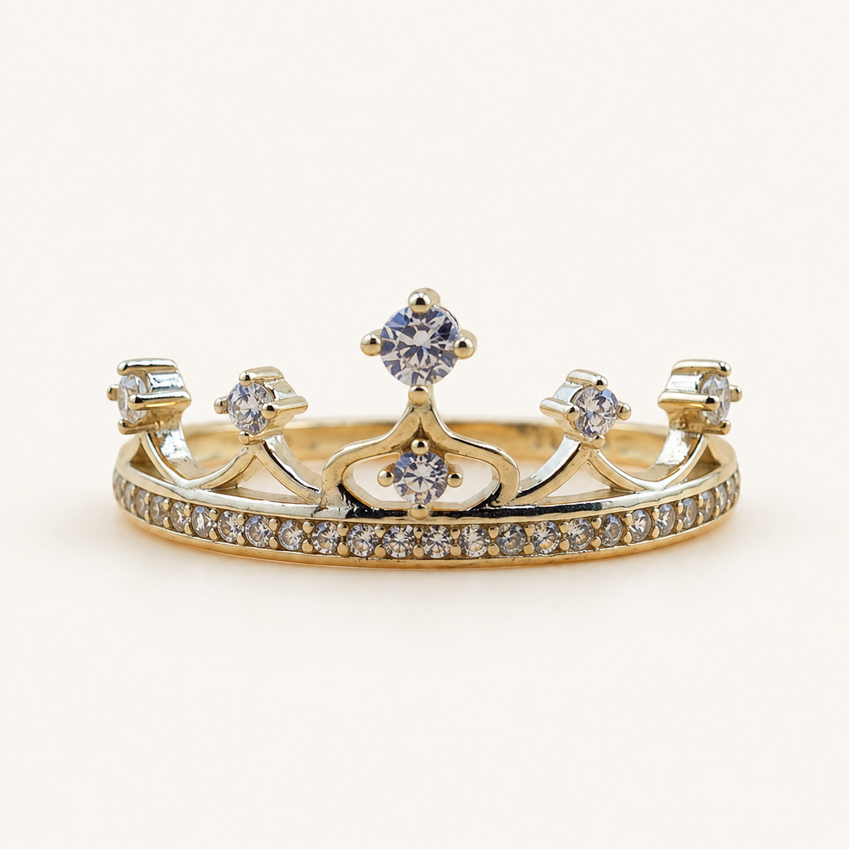 10K Gold Princess Crown Ring with Sparkling Stones – Size 7.5