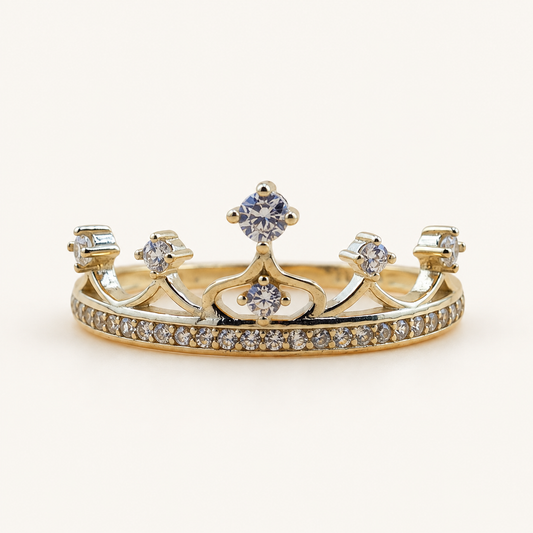 10K Gold Princess Crown Ring with Sparkling Stones – Size 7.5