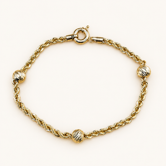 10K Solid Gold Semi-Solid Bracelet, 7”– 2.6mm Links, 5.7mm Beads
