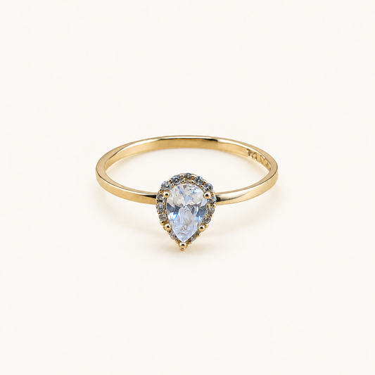 10K Solid Gold Pear-Shaped CZ Halo Ring – Size 7