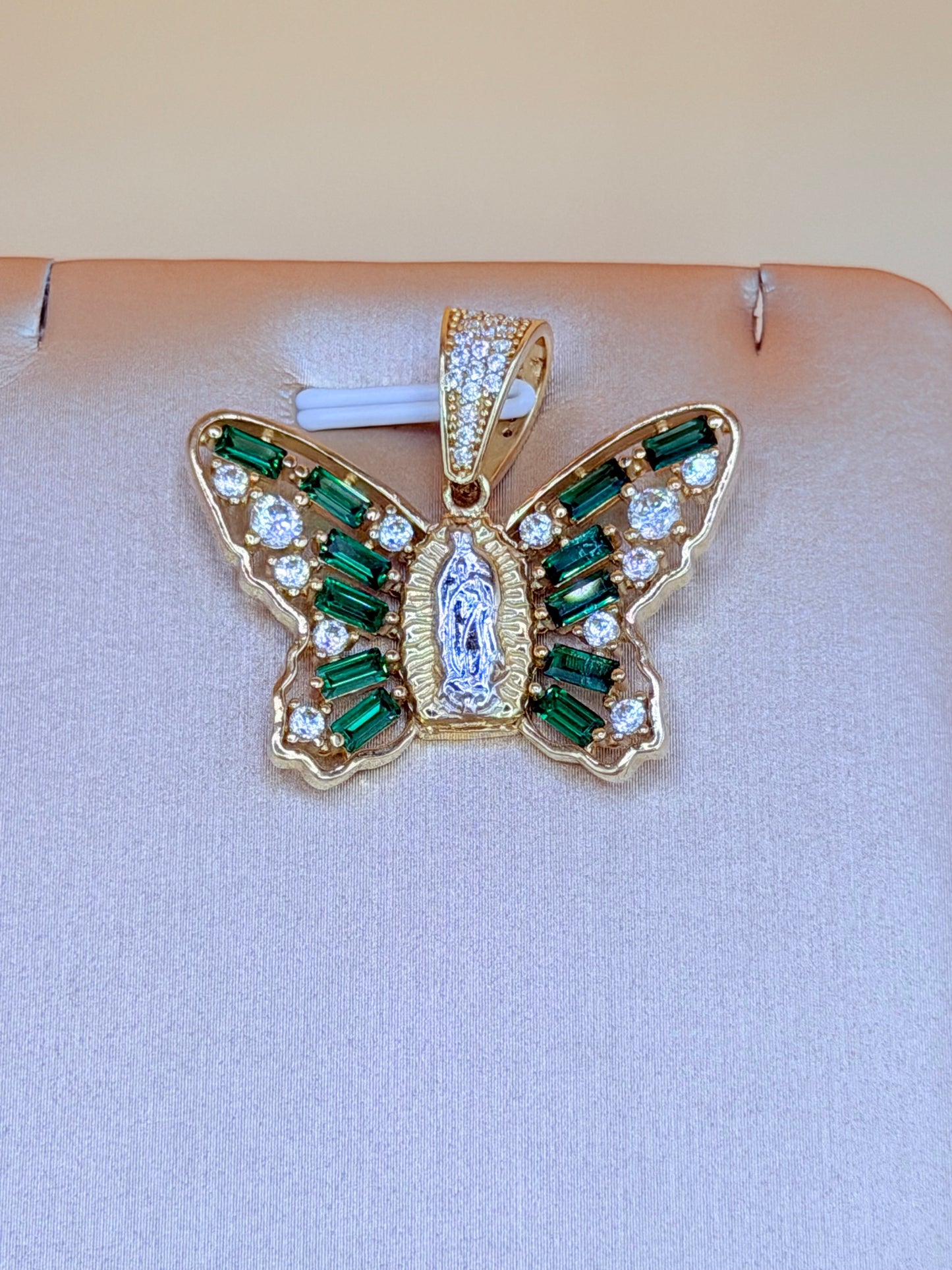 10K Large Gold Butterfly Pendant with Our Lady of Guadalupe, Fits Chains Up to 7mm Thick. ch