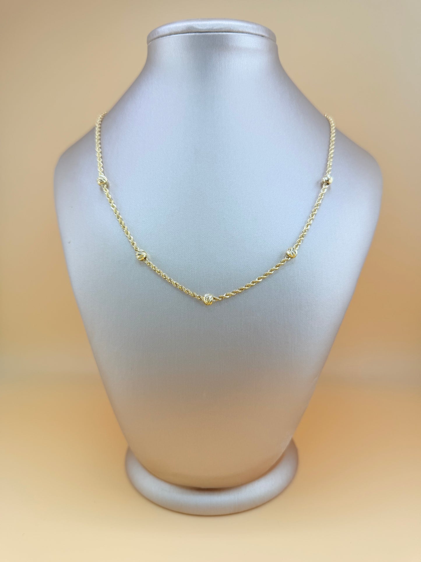 10K Solid Gold Semi-Solid Chain, 16” – 2mm Links, 4.9mm Beads