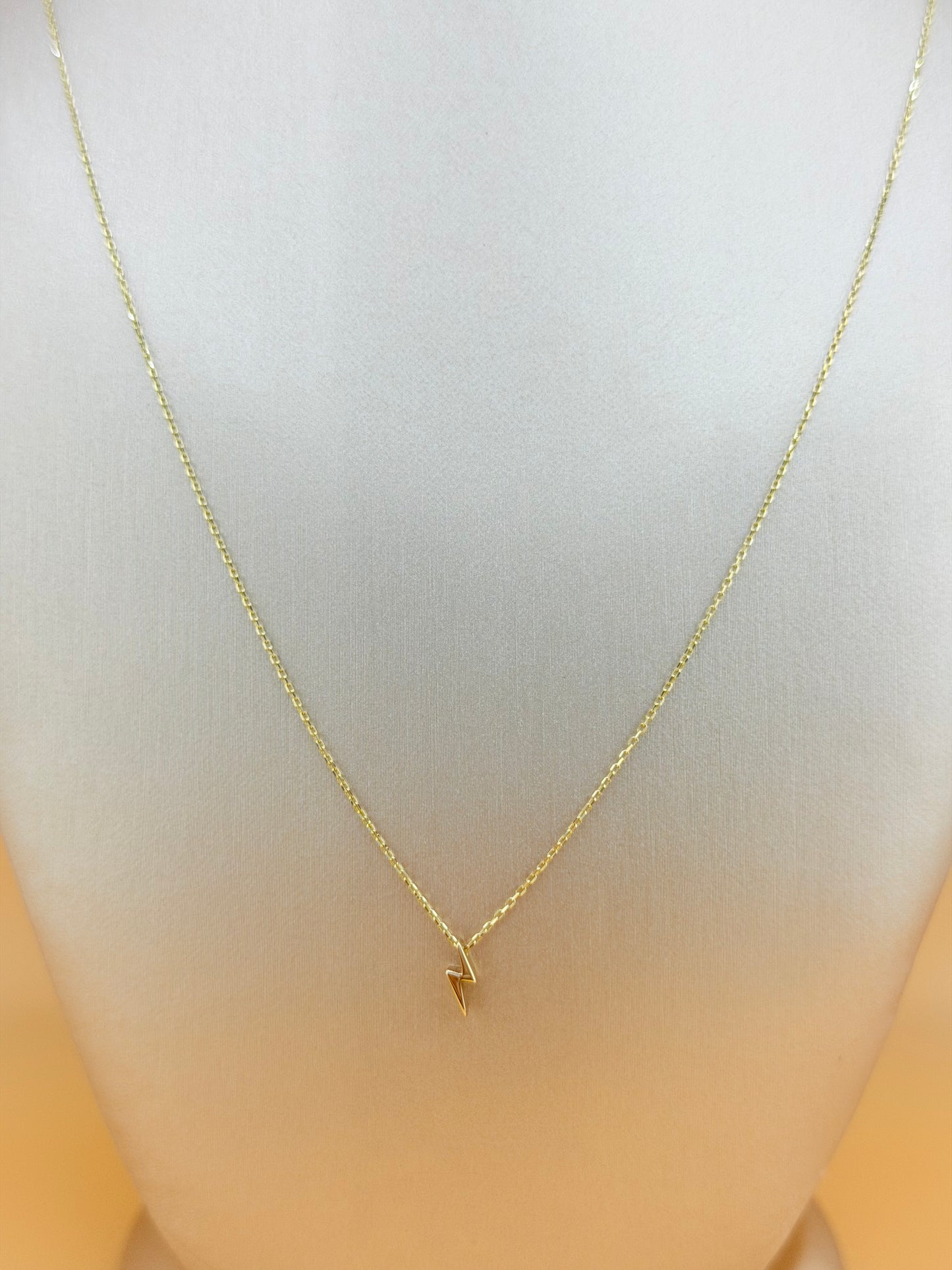 14K Gold Chain with Small Lightning Bolt Pendant, Adjustable 16”–18” Length, 0.6mm Thick. n