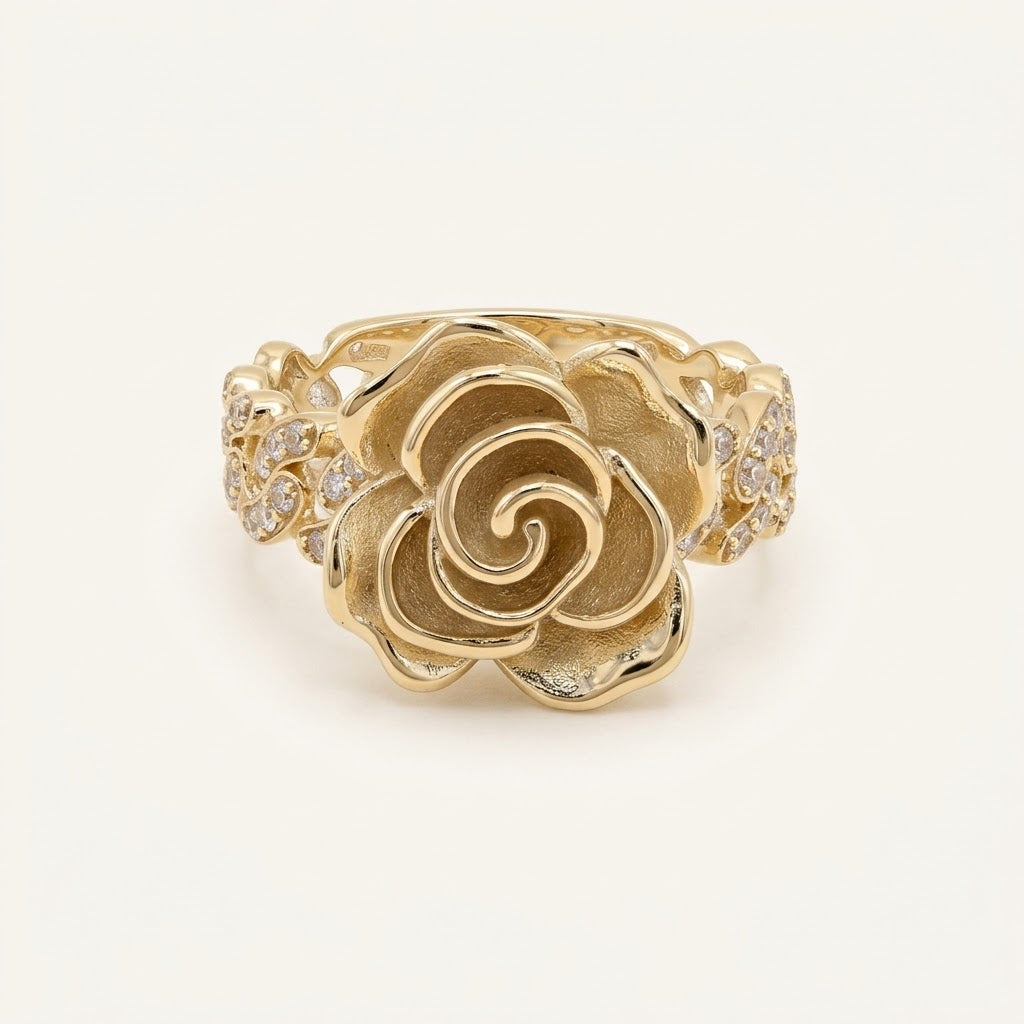 10K Solid Gold Rose Statement Ring with CZ Accents – Size 7