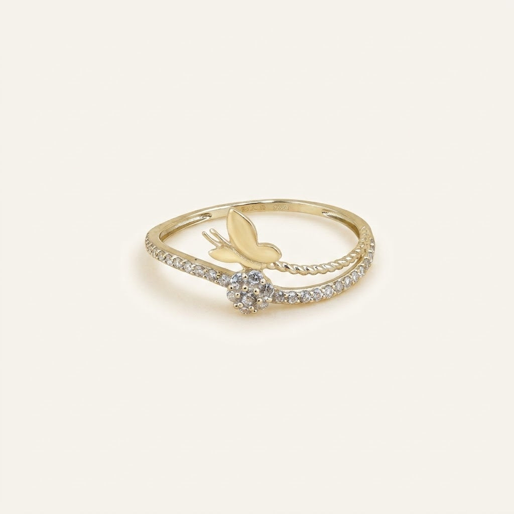 10K Gold Butterfly & Flower CZ Ring – Size 7