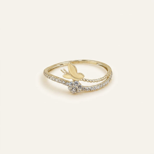 10K Gold Butterfly & Flower CZ Ring – Size 7