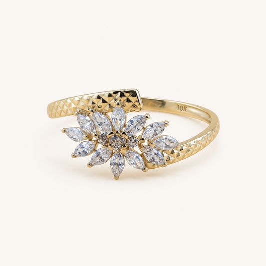 10K Gold Marquise CZ Floral Ring with Diamond-Cut Band – Size 7