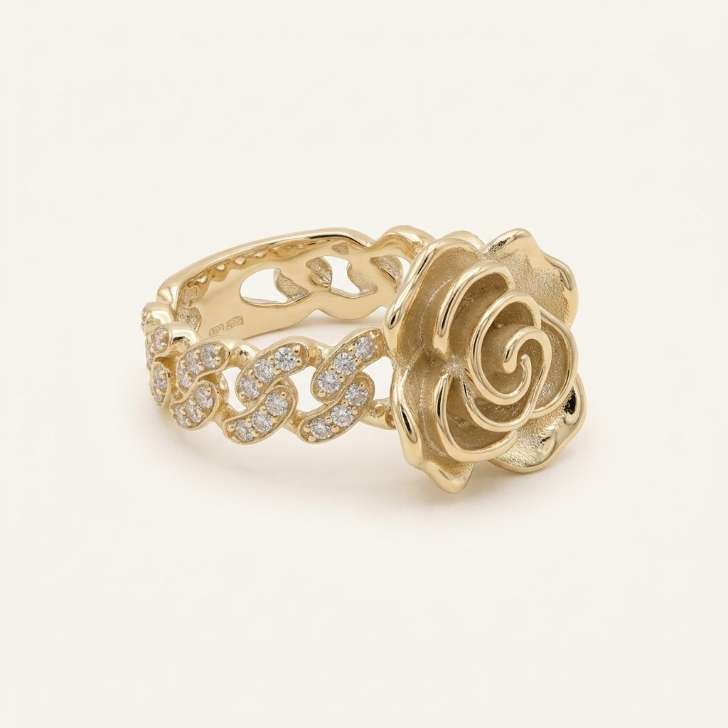 10K Solid Gold Rose Statement Ring with CZ Accents – Size 7