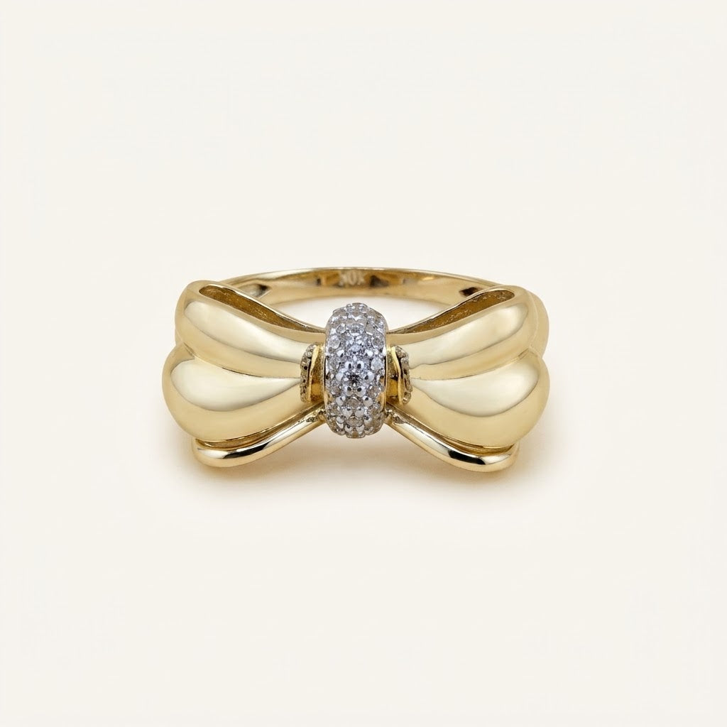 10K Gold Statement Bow Ring with CZ Accents – Size 8