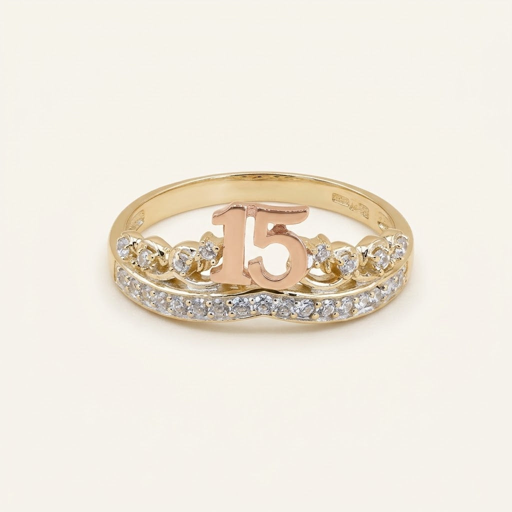 10K Solid Gold Quinceañera Crown Ring with Rose Gold “15” & CZ – Size 8
