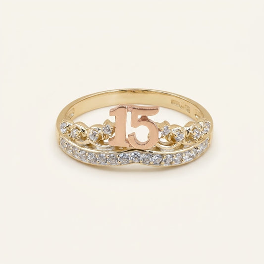 10K Solid Gold Quinceañera Crown Ring with Rose Gold “15” & CZ – Size 8