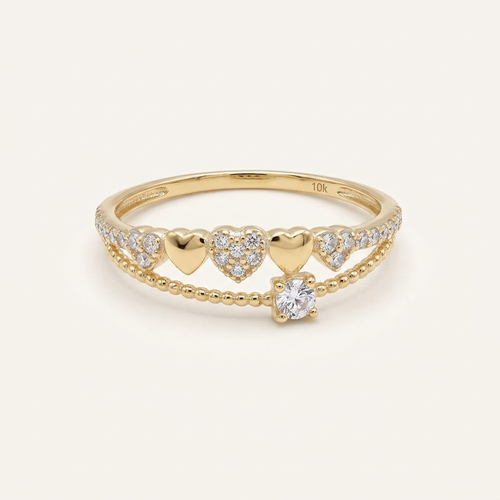 10K Solid Gold Delicate Heart CZ Ring – Size 7