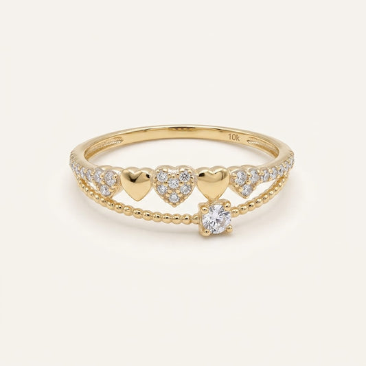 10K Solid Gold Delicate Heart CZ Ring – Size 7