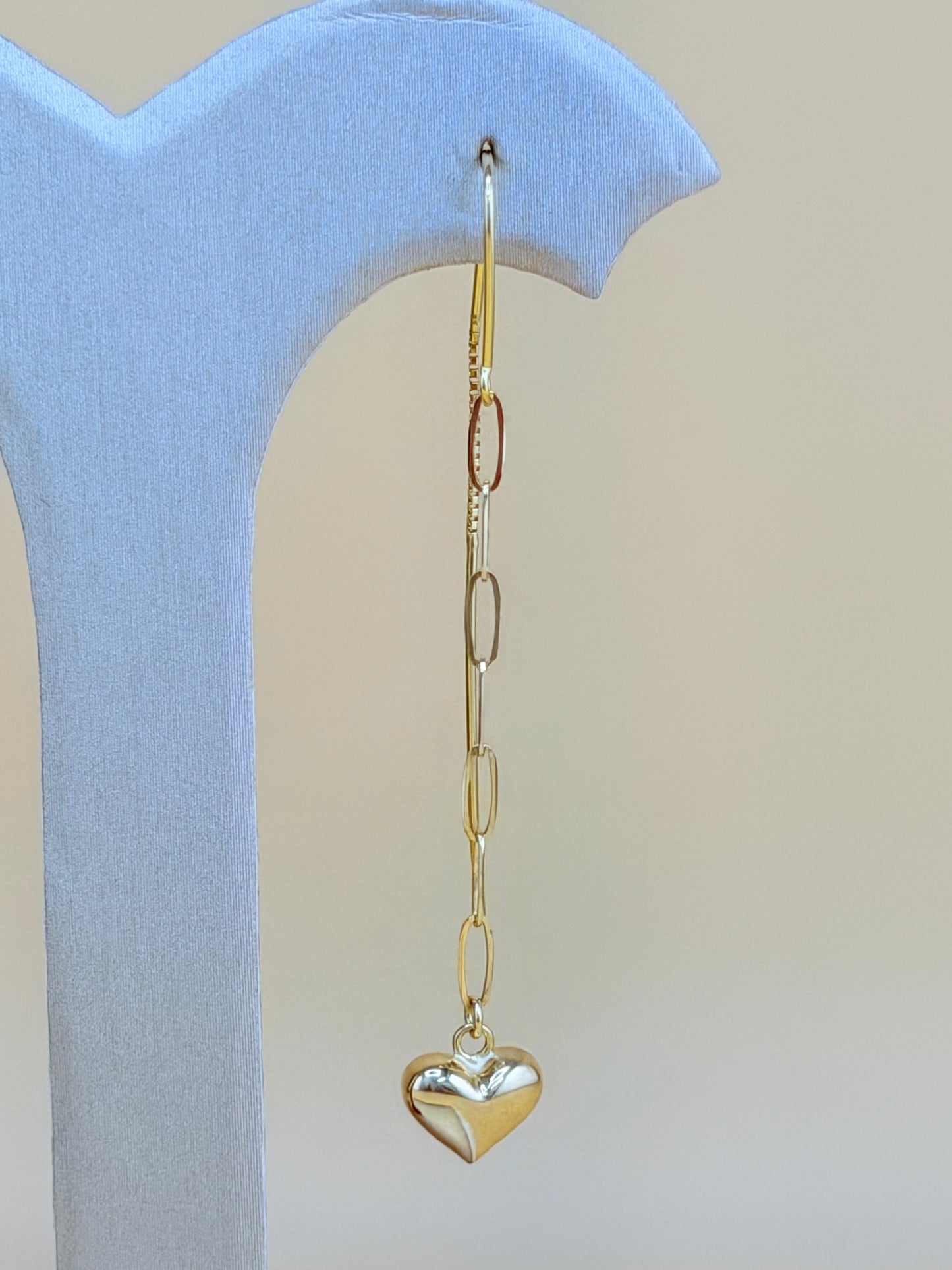 14kt Gold Long Puffed Heart Earrings.