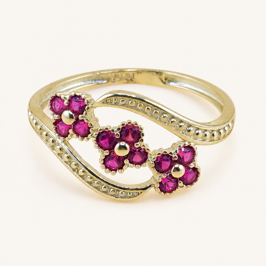 10K Gold Pink CZ Triple Flower Ring – Size 8