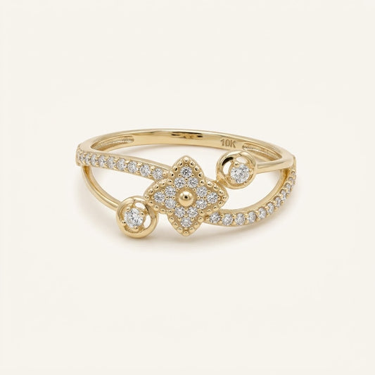 10K Gold Delicate Floral CZ Ring – Size 7