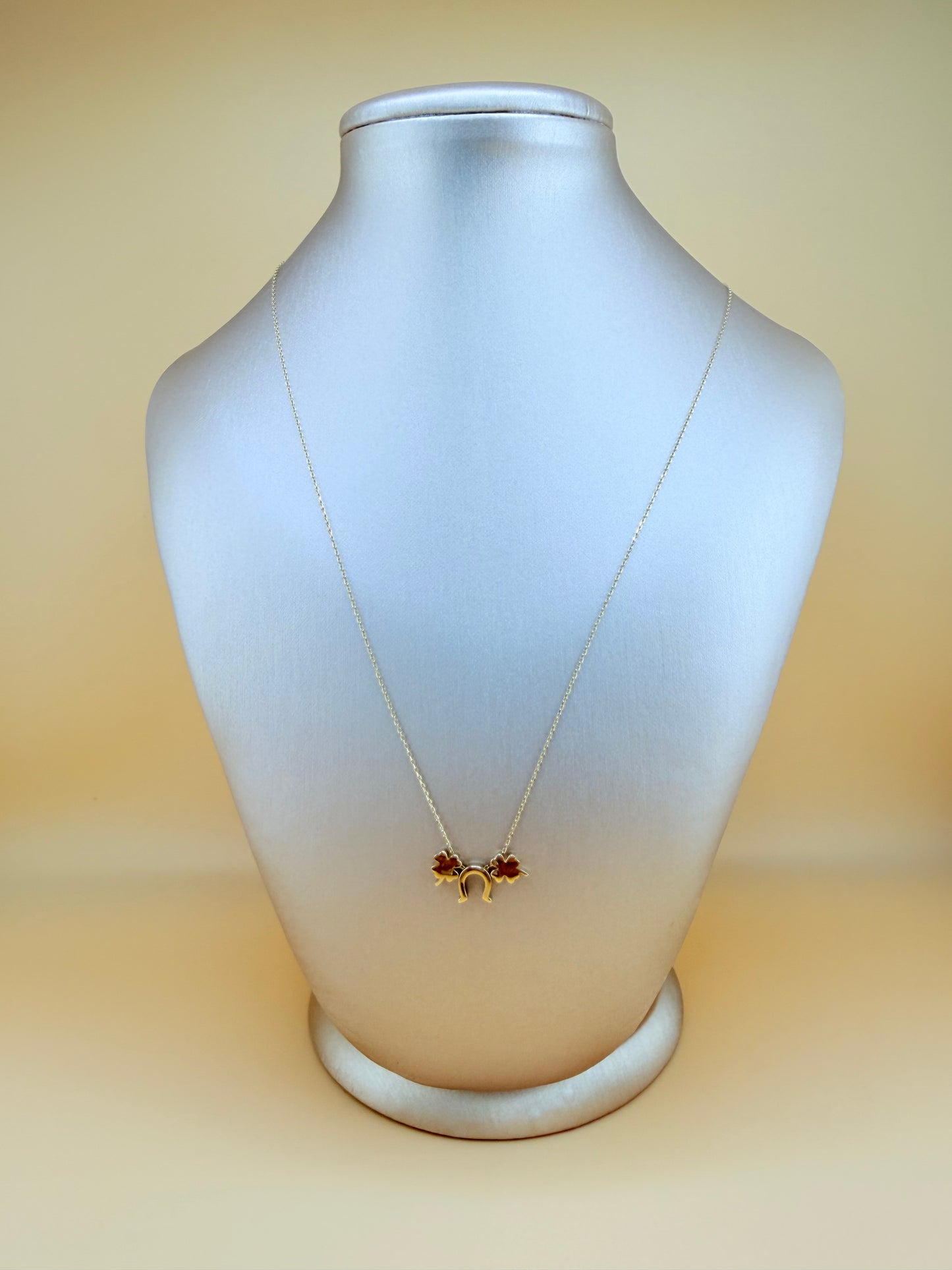 14kt Solid Gold Chain with Horseshoe and Clover Pendants, Adjustable 16”–18” Length, 0.6mm Thick. n