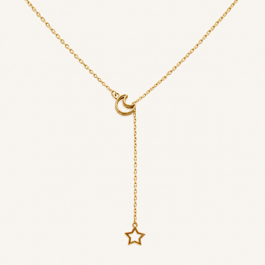 14kt Solid Gold Chain with Moon and Star Pendant, Size 16”–18”.