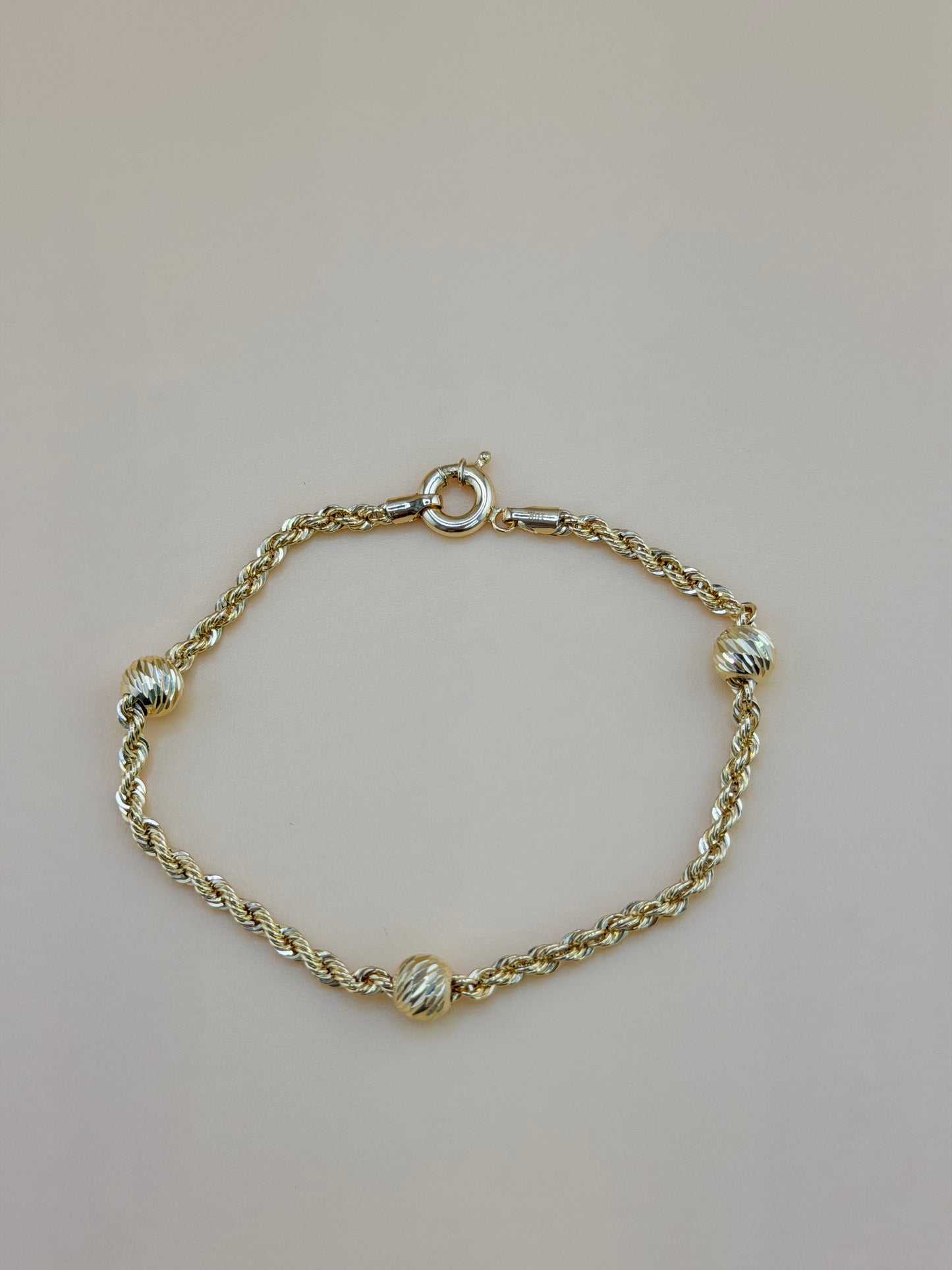 10K Solid Gold Semi-Solid Bracelet, 7”– 2.6mm Links, 5.7mm Beads