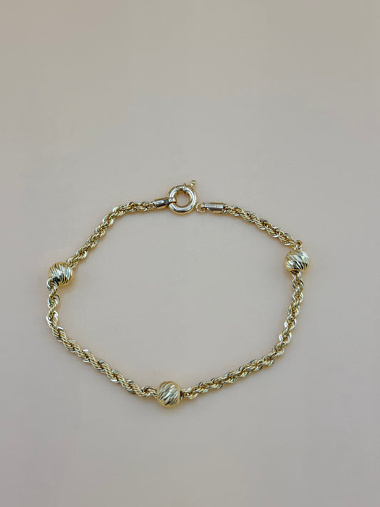 10K Solid Gold Semi-Solid Bracelet, 7”– 2.6mm Links, 5.7mm Beads