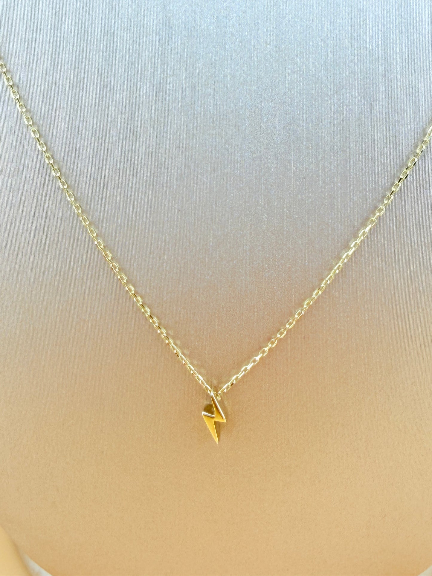 14K Gold Chain with Small Lightning Bolt Pendant, Adjustable 16”–18” Length, 0.6mm Thick. n
