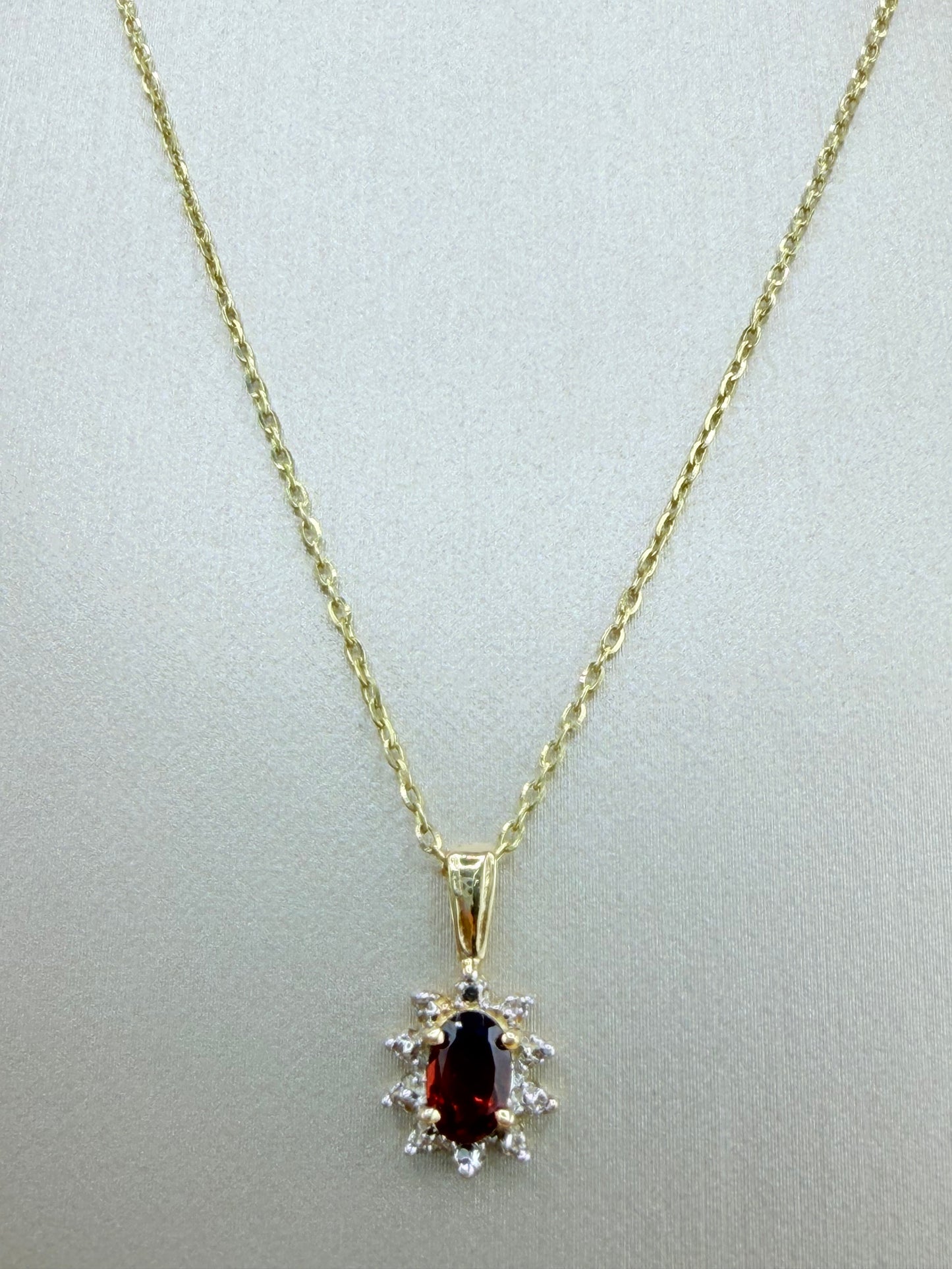 10K Solid Gold Chain and Natural Garnet Pendant, 16” Chain, 1mm Thick. n