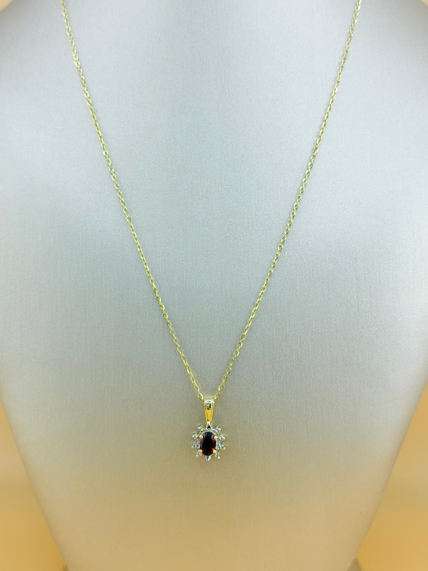 10K Solid Gold Chain and Natural Garnet Pendant, 16” Chain, 1mm Thick. n