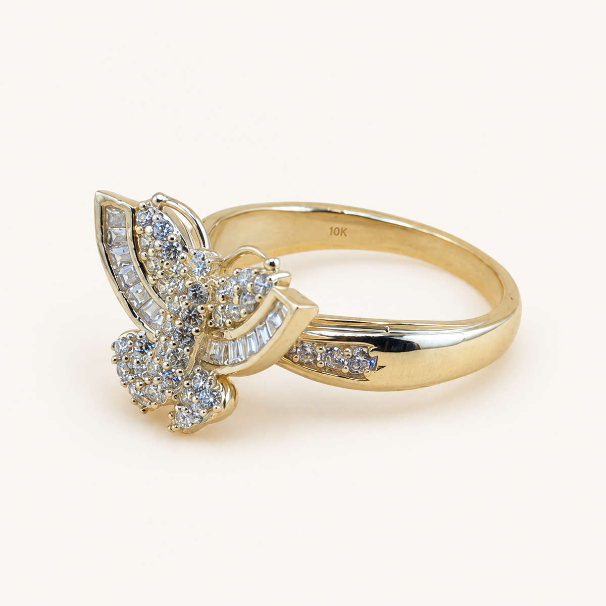 10K Solid Gold Butterfly CZ Statement Ring – Size 7