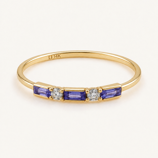 14K Solid Gold Purple & Clear CZ Five-Stone Ring – Size 8