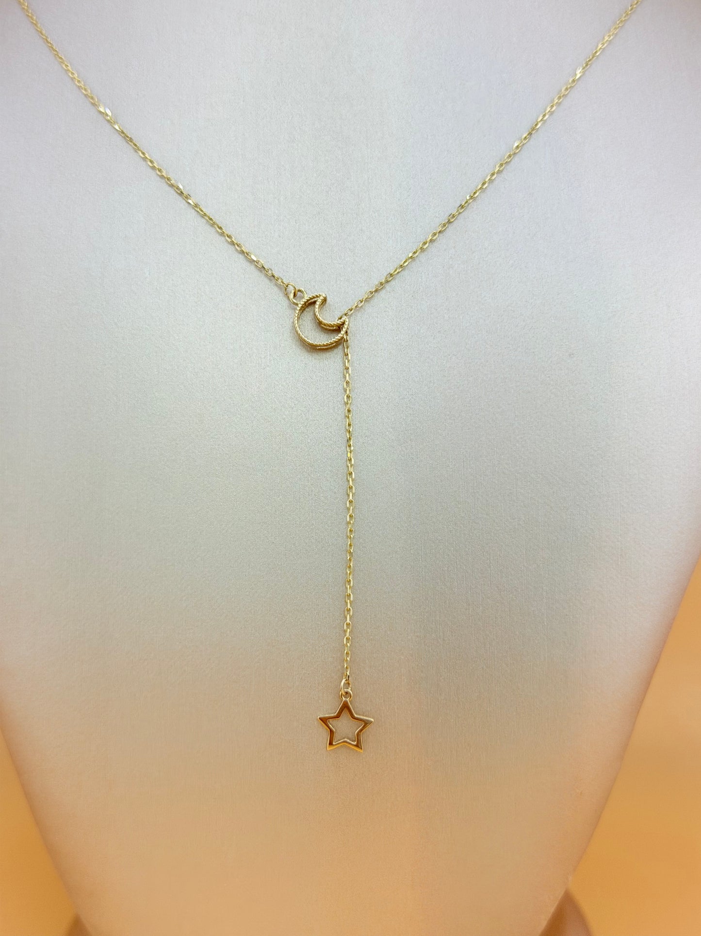 14kt Solid Gold Chain with Moon and Star Pendant, Size 16”–18”.