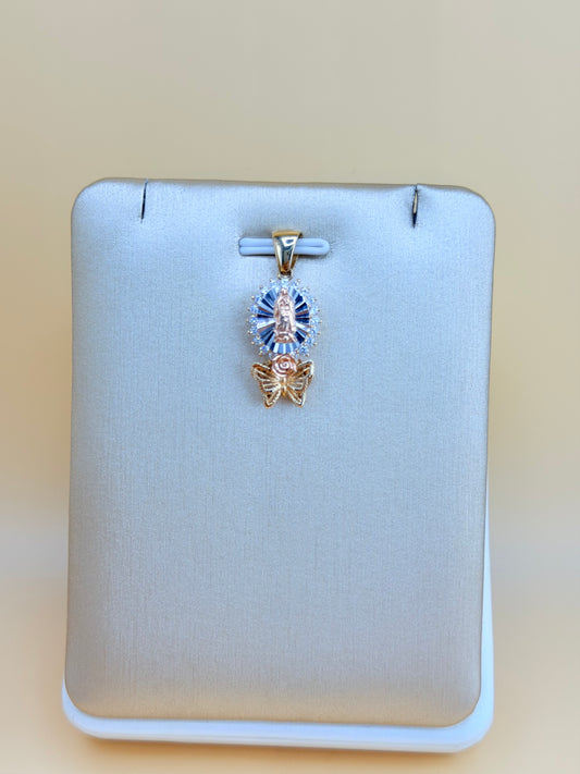 14K Gold Our Lady of Guadalupe and Butterfly Pendant, Fits Chains Up to 3mm Thick. ch