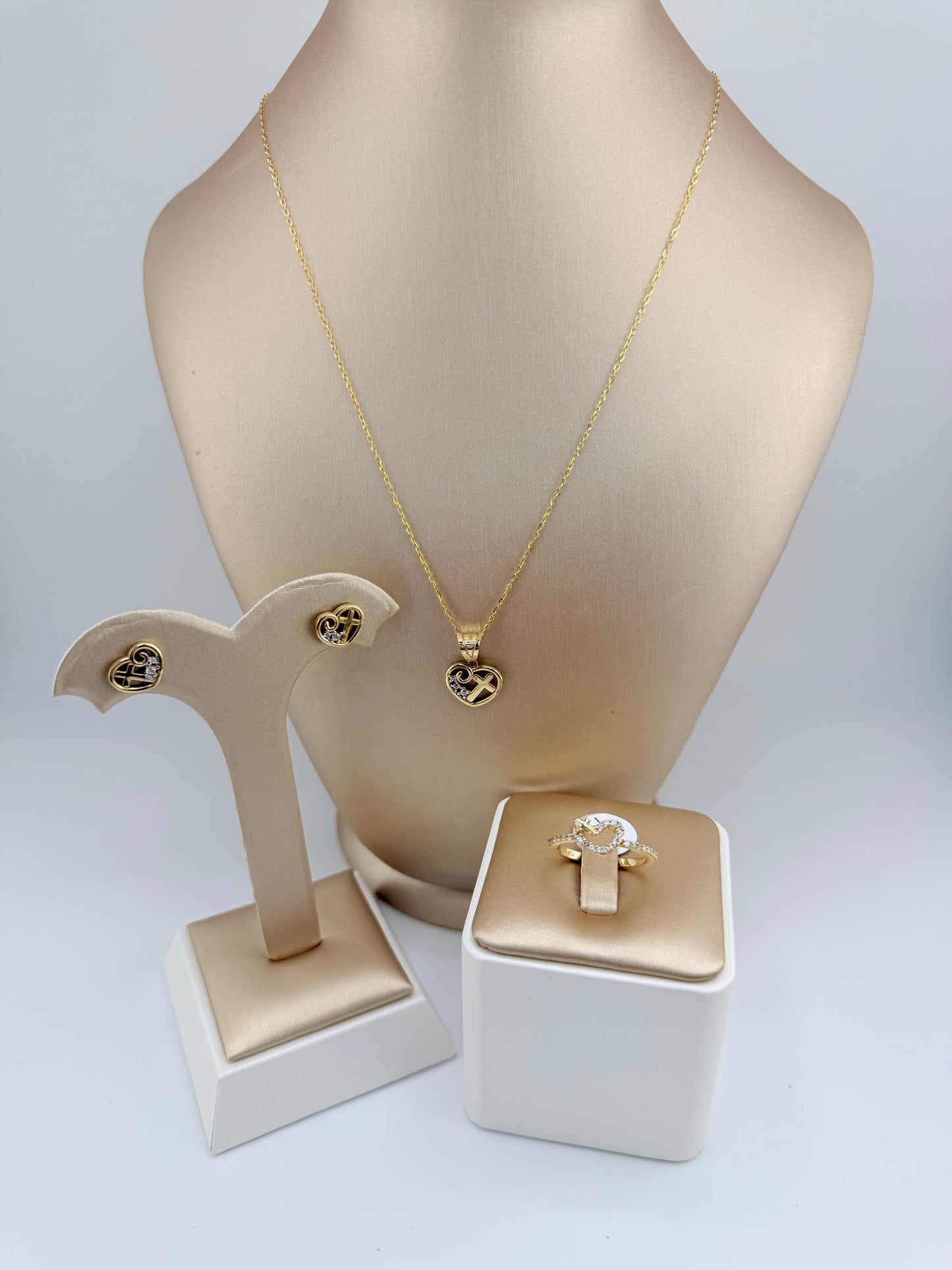 10K Solid Gold Heart and Cross Set, Includes Earrings and Pendant. Chain and Ring Not Included. Pendant Fits Chains Up to 3mm Thick. s